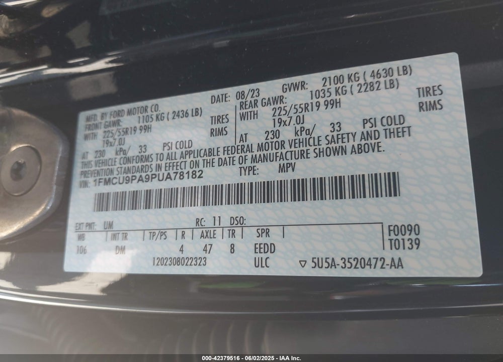 2023 FORD ESCAPE VIN: 1FMCU9PA9PUA78182
