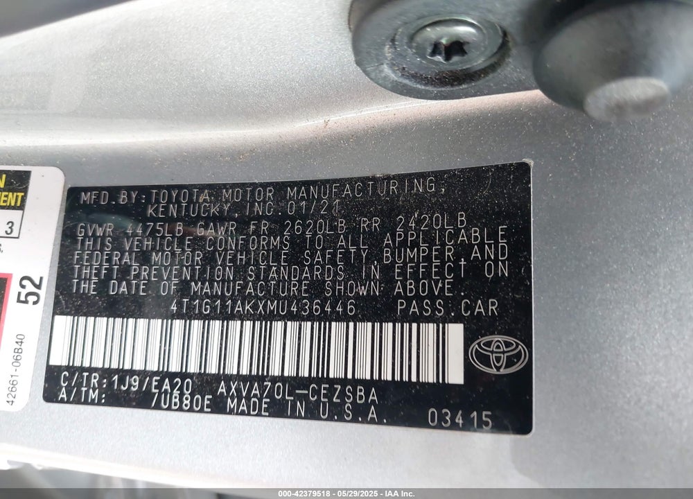 2021 TOYOTA CAMRY VIN: 4T1G11AKXMU436446