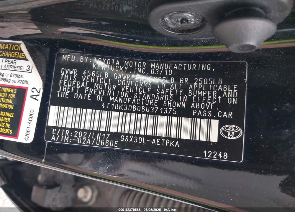 2011 TOYOTA AVALON VIN: 4T1BK3DB0BU371375