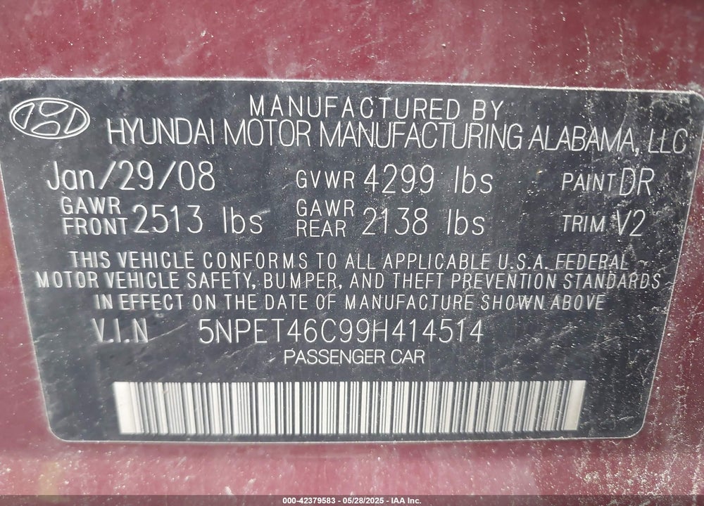 2009 HYUNDAI SONATA GLS VIN: 5NPET46C99H414514