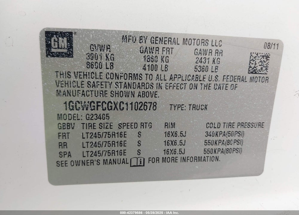2012 CHEVROLET EXPRESS G2500 VIN: 1GCWGFCGXC1102678