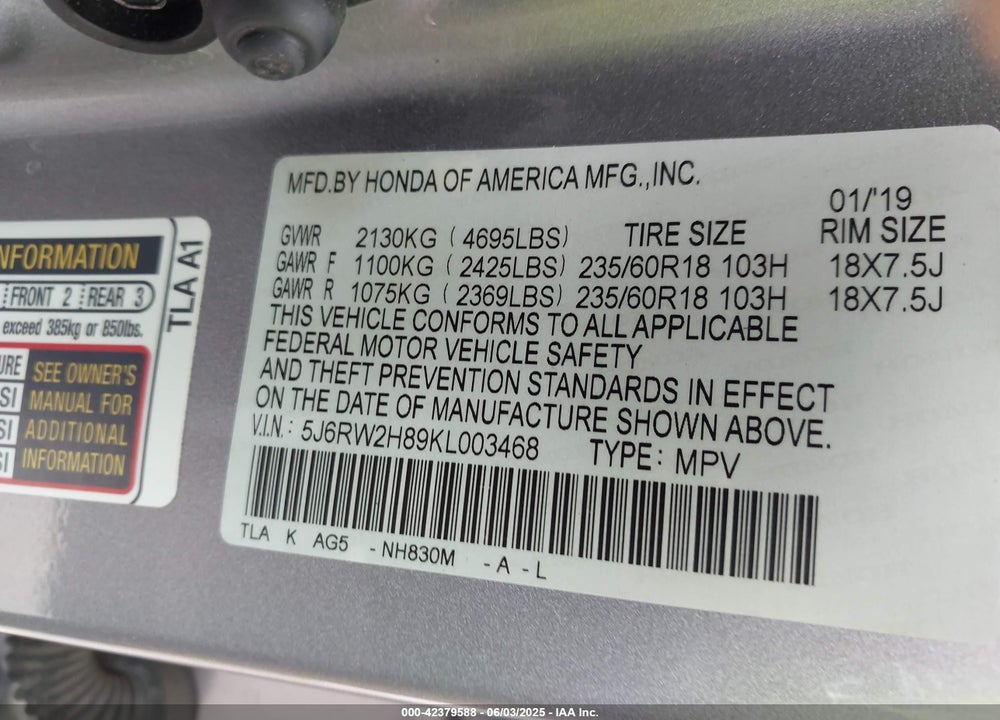 2019 HONDA CR-V EX-L VIN: 5J6RW2H89KL003468