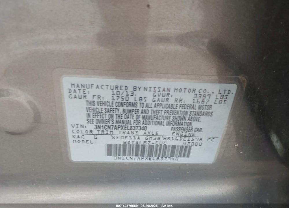 2014 NISSAN VERSA VIN: 3N1CN7APXEL837340