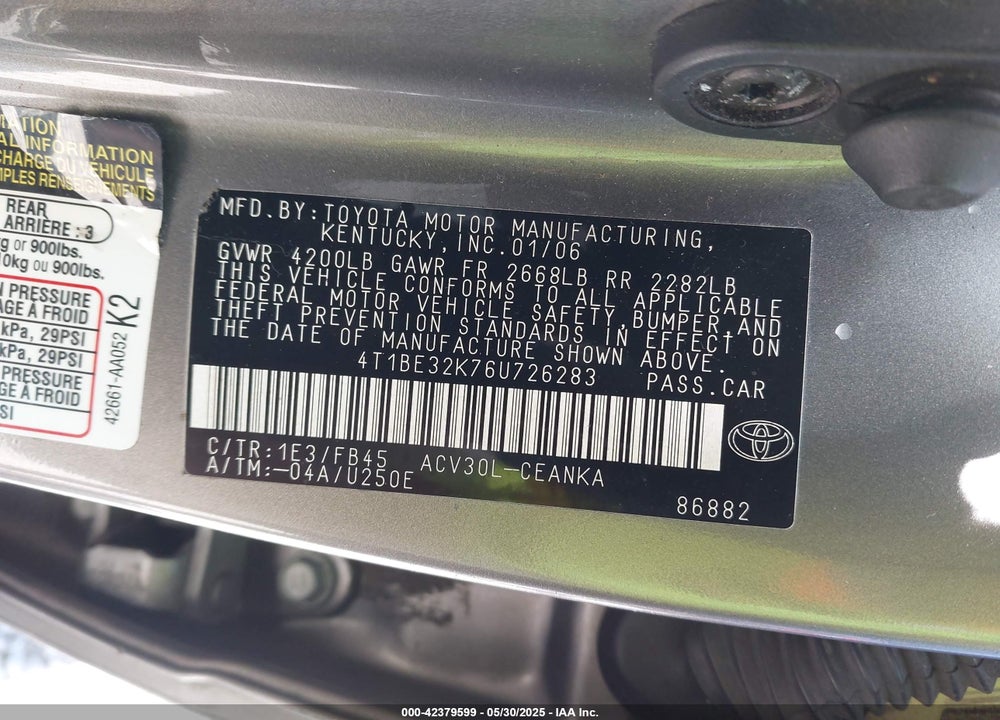 2006 TOYOTA CAMRY VIN: 4T1BE32K76U726283