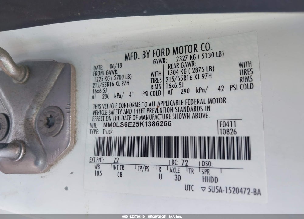 2019 FORD TRANSIT CONNECT XL VIN: NM0LS6E25K1386266