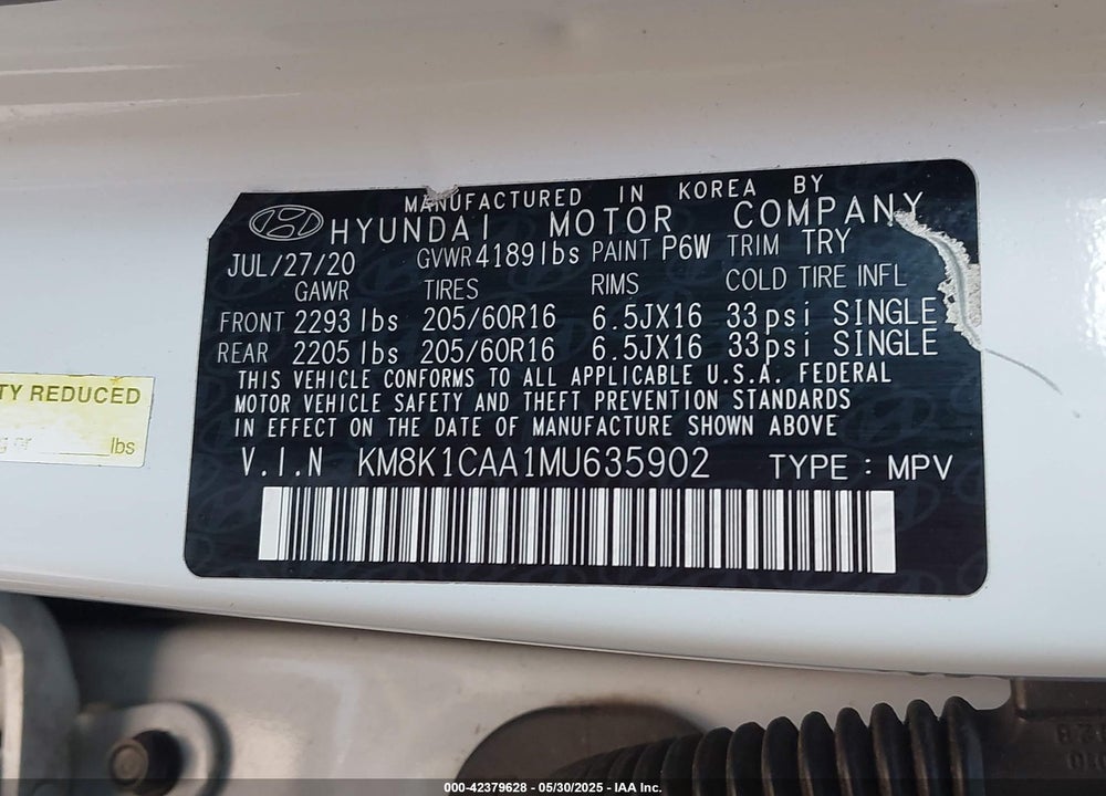 2021 HYUNDAI KONA SE VIN: KM8K1CAA1MU635902