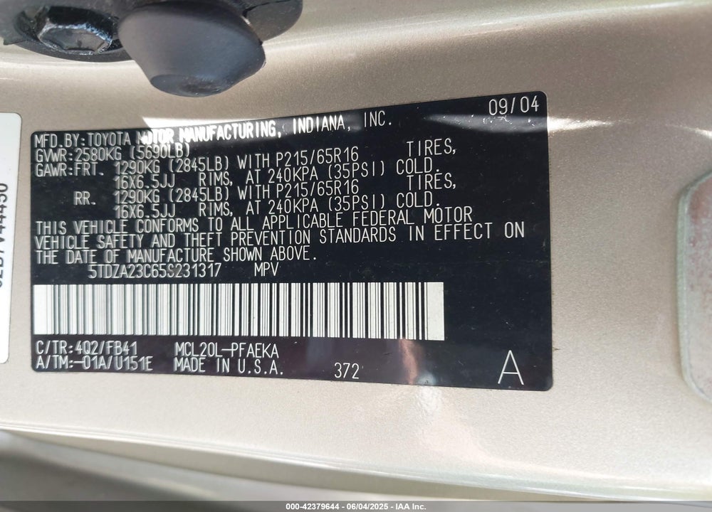 2005 TOYOTA SIENNA CE/LE VIN: 5TDZA23C65S231317
