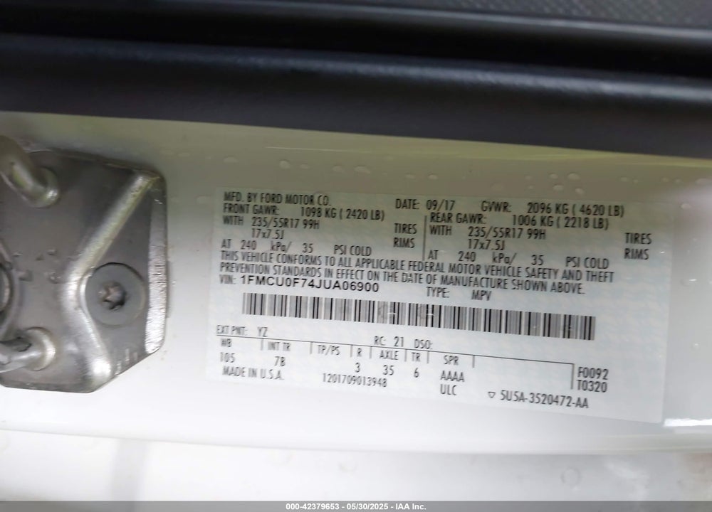 2018 FORD ESCAPE VIN: 1FMCU0F74JUA06900