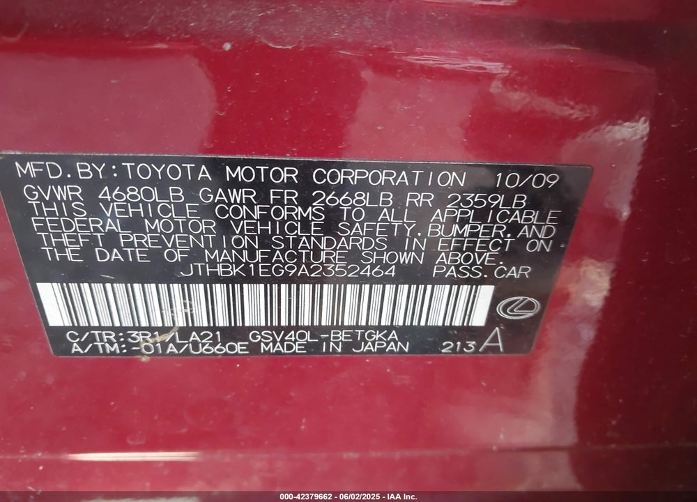2010 LEXUS ES 350 VIN: JTHBK1EG9A2352464