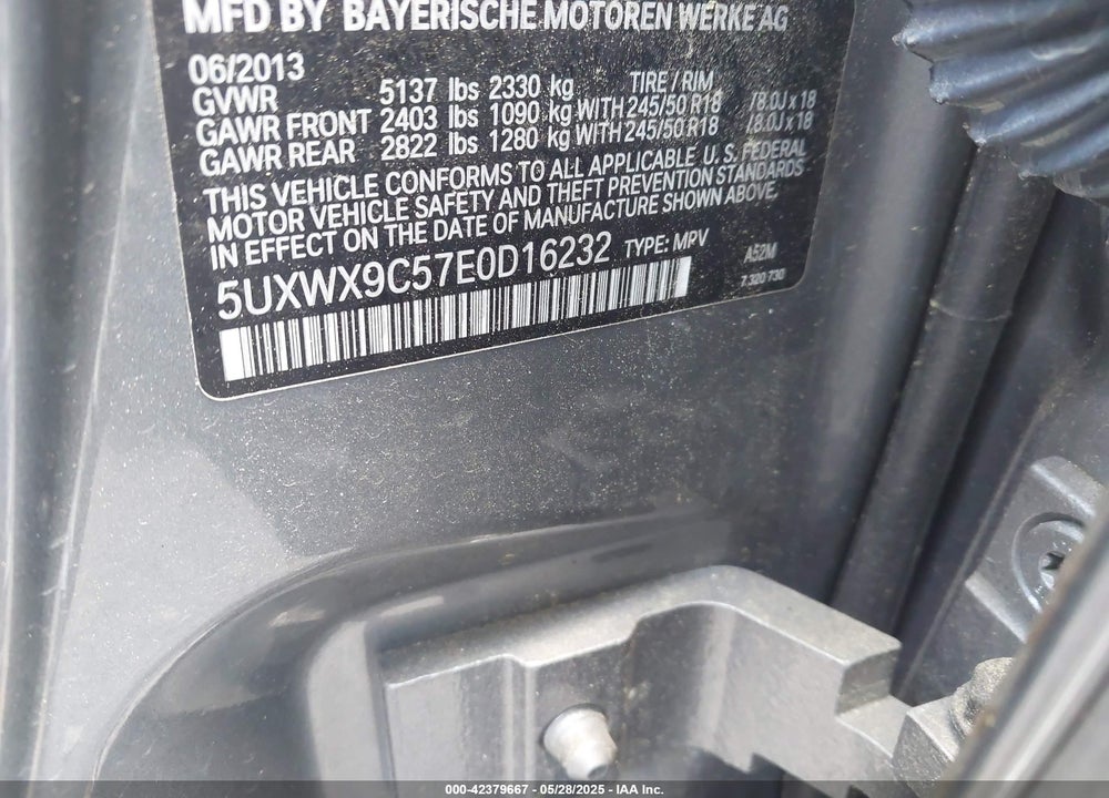 2014 BMW X3 VIN: 5UXWX9C57E0D16232