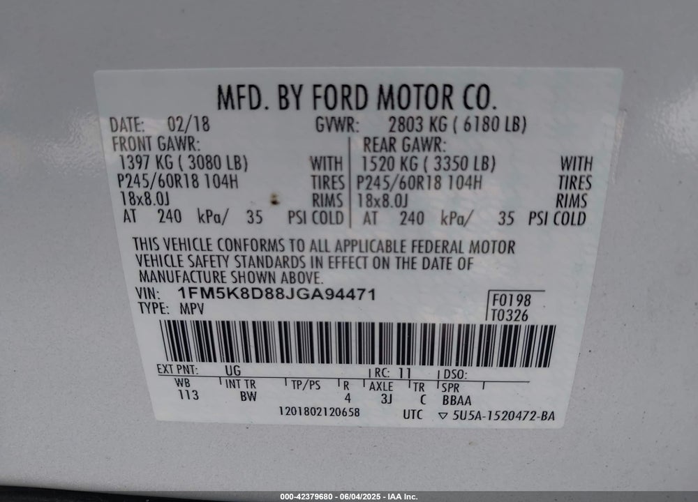 2018 FORD EXPLORER VIN: 1FM5K8D88JGA94471