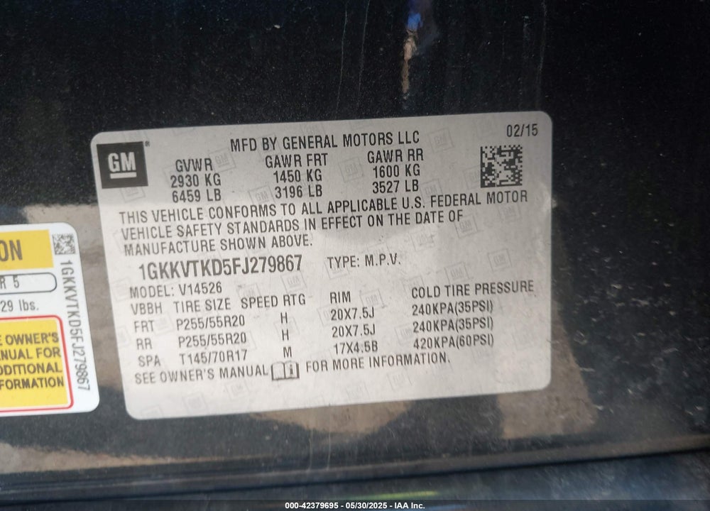 2015 GMC ACADIA VIN: 1GKKVTKD5FJ279867