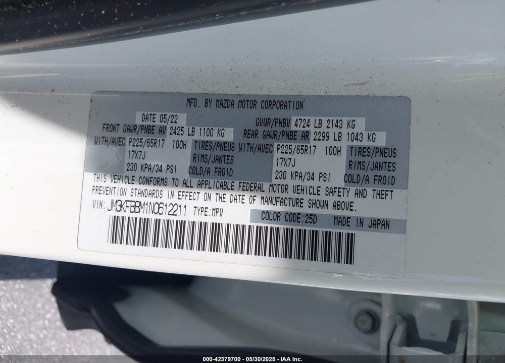 2022 MAZDA CX-5 VIN: JM3KFBBM1N0612211