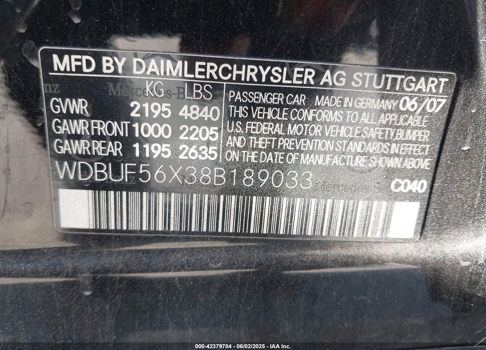 2008 MERCEDES-BENZ E-CLASS VIN: WDBUF56X38B189033