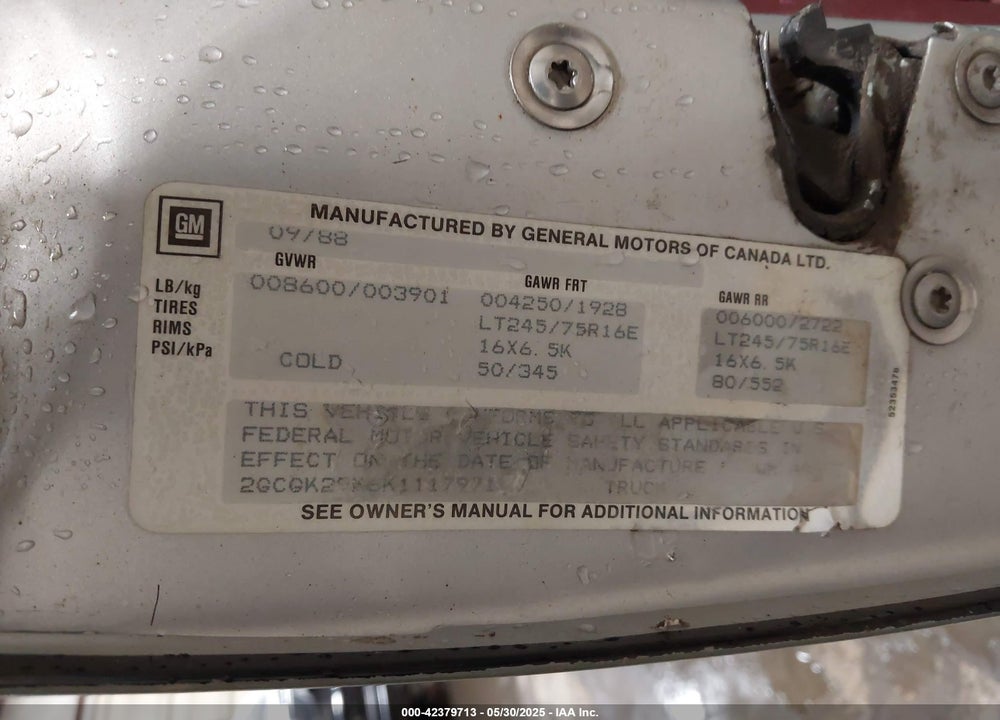 1989 CHEVROLET GMT-400 K2500 VIN: 2GCGK29K6K1117971