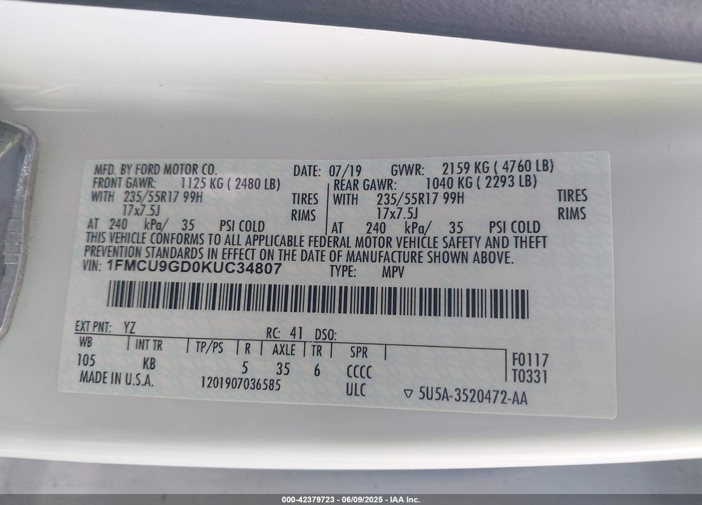 2019 FORD ESCAPE VIN: 1FMCU9GD0KUC34807