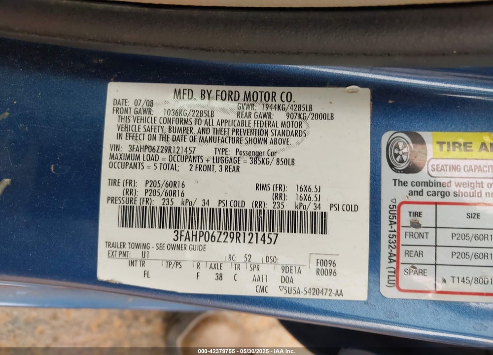 2009 FORD FUSION S VIN: 3FAHP06Z29R121457