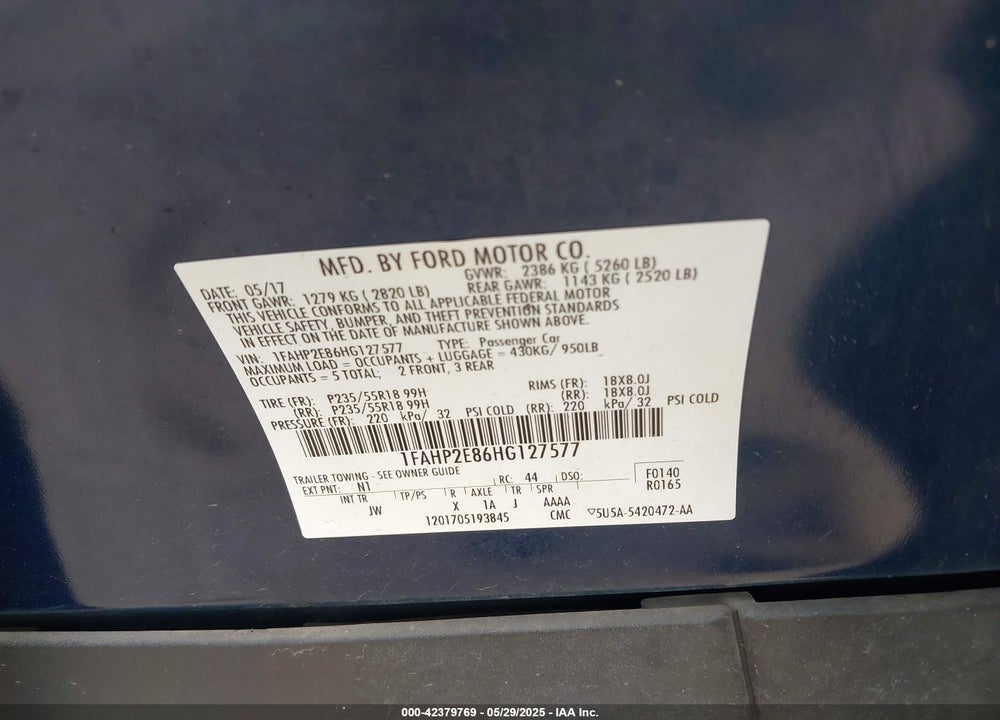 2017 FORD TAURUS VIN: 1FAHP2E86HG127577