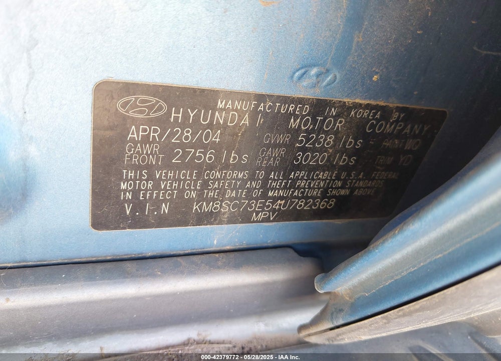 2004 HYUNDAI SANTA FE GLS/LX VIN: KM8SC73E54U782368