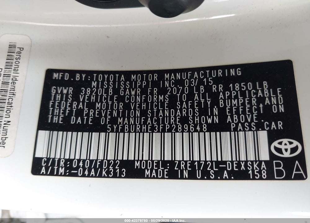 2015 TOYOTA COROLLA S PLUS VIN: 5YFBURHE3FP289648