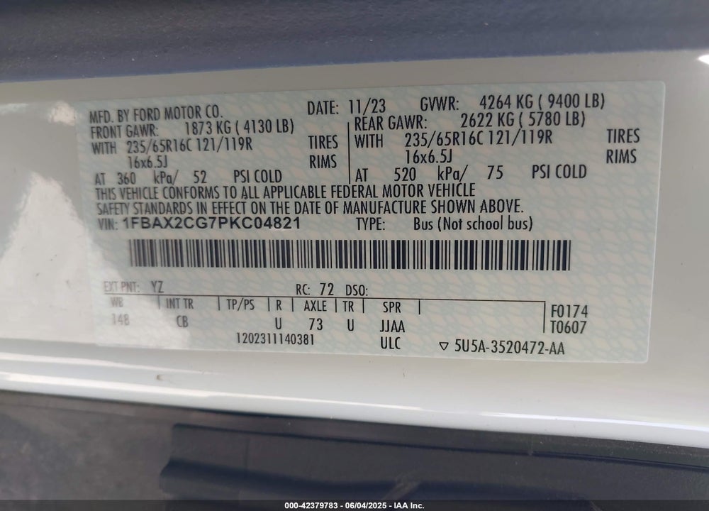 2023 FORD TRANSIT-350 PASSENGER VAN XL VIN: 1FBAX2CG7PKC04821