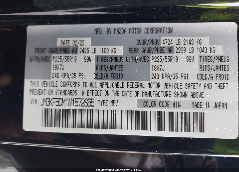 2022 MAZDA CX-5 VIN: JM3KFBDM1N1572865