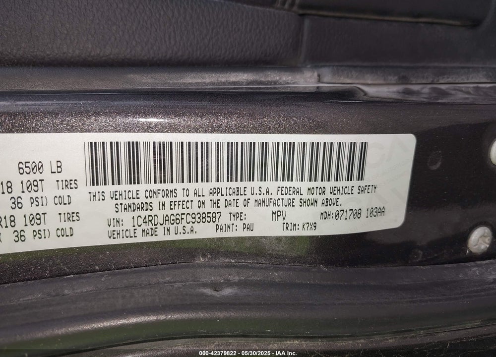 2015 DODGE DURANGO VIN: 1C4RDJAG6FC938587