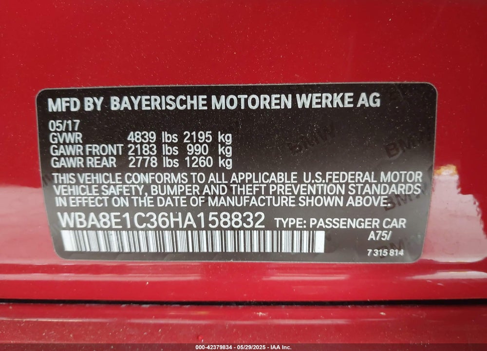 2017 BMW 330E VIN: WBA8E1C36HA158832