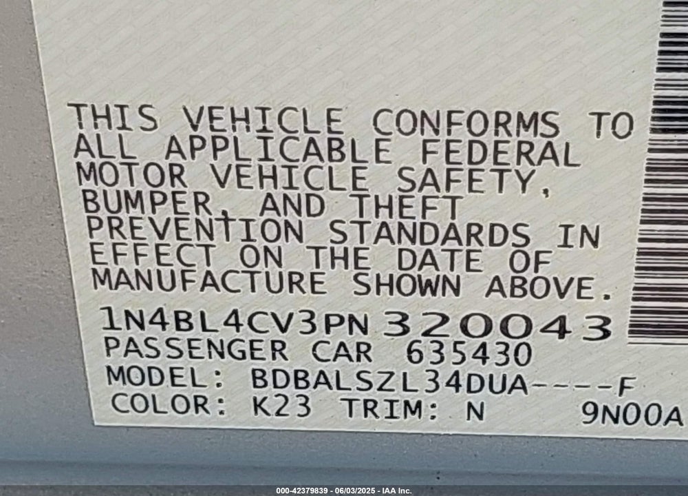 2023 NISSAN ALTIMA SR FWD VIN: 1N4BL4CV3PN320043