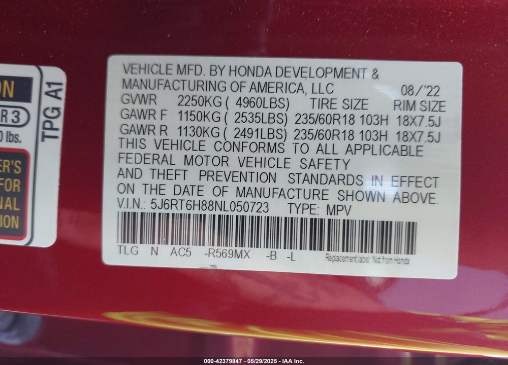 2022 HONDA CR-V HYBRID EX-L VIN: 5J6RT6H88NL050723