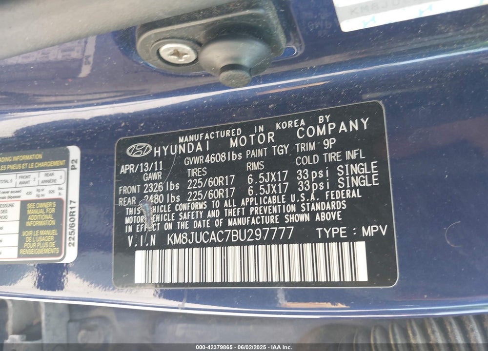 2011 HYUNDAI TUCSON GLS VIN: KM8JUCAC7BU297777