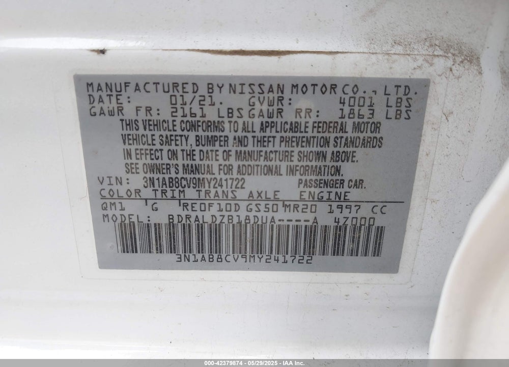 2021 NISSAN SENTRA VIN: 3N1AB8CV9MY241722