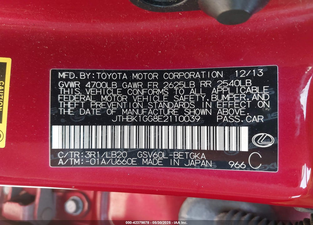 2014 LEXUS ES350 VIN: JTHBK1GG8E2110039