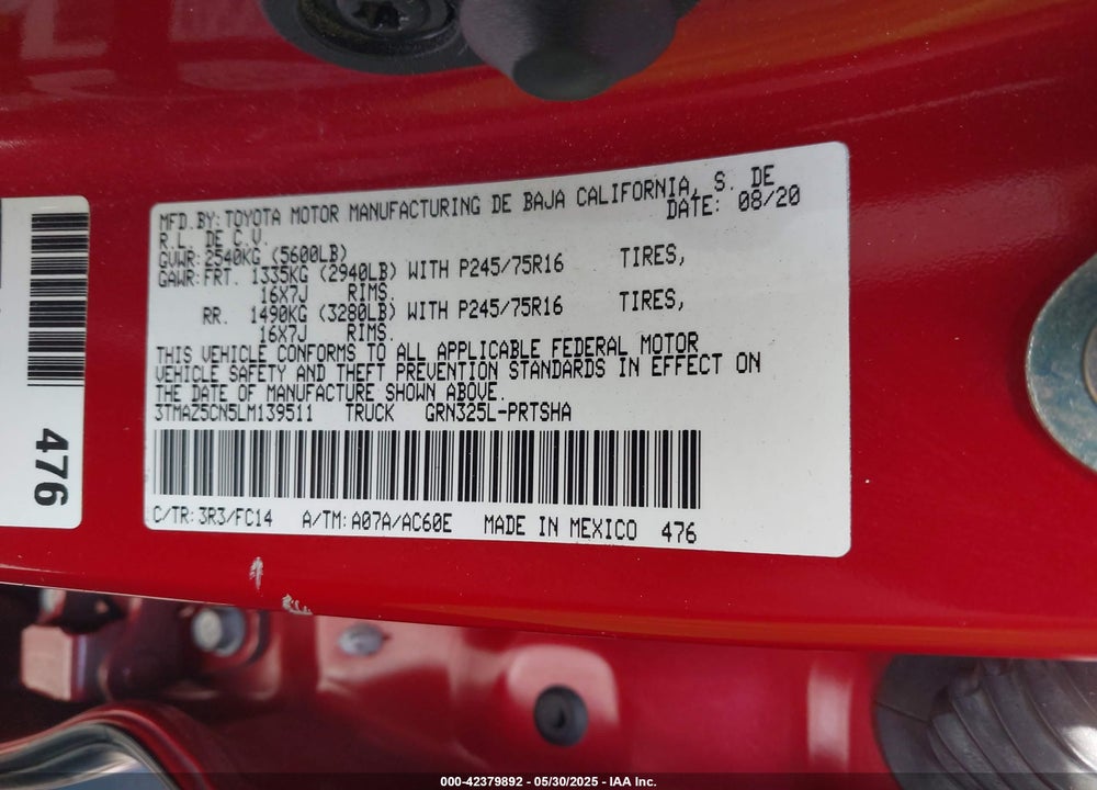 2020 TOYOTA TACOMA VIN: 3TMAZ5CN5LM139511
