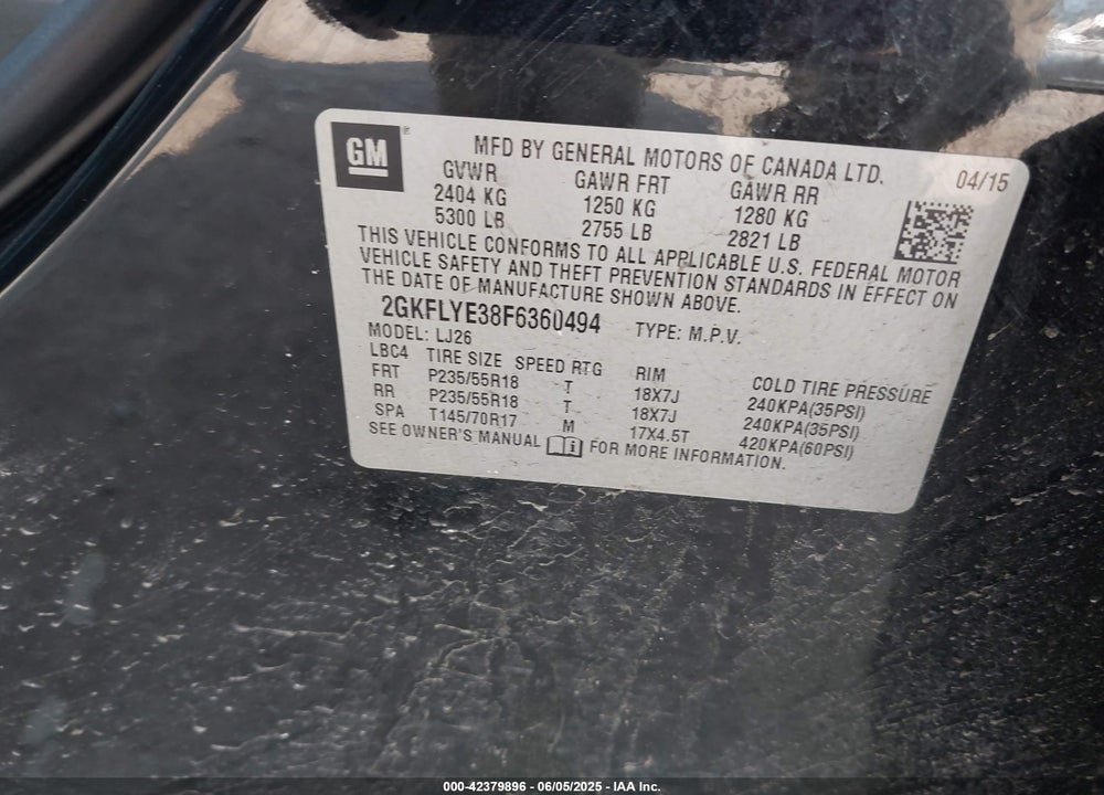 2015 GMC TERRAIN SLT-2 VIN: 2GKFLYE38F6360494