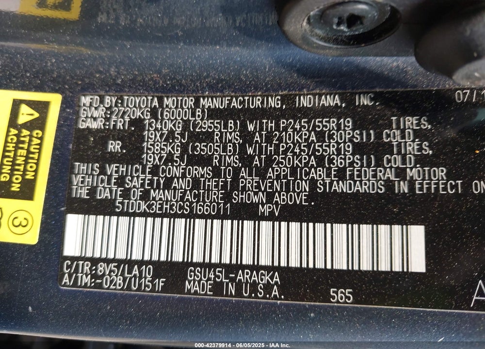 2012 TOYOTA HIGHLANDER VIN: 5TDDK3EH3CS166011