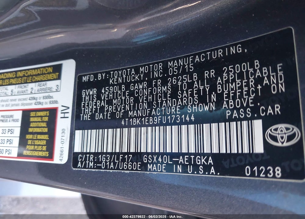 2015 TOYOTA AVALON VIN: 4T1BK1EB9FU173144