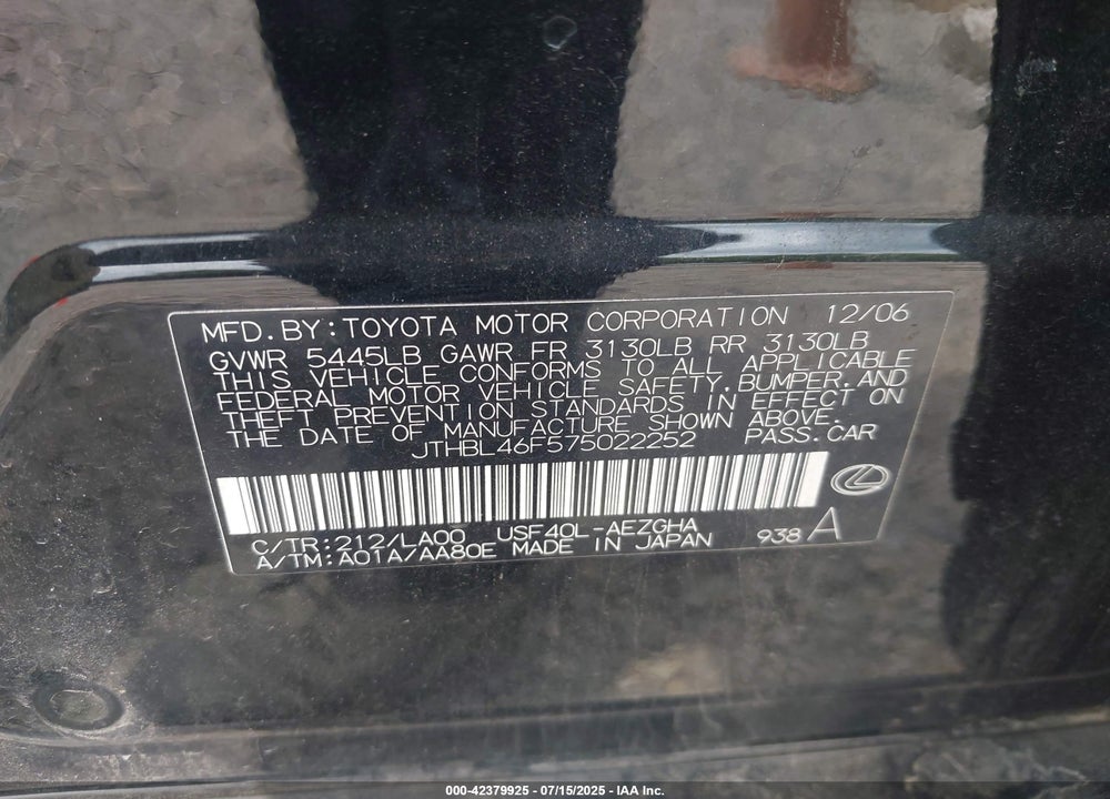 2007 LEXUS LS 460 VIN: JTHBL46F575022252