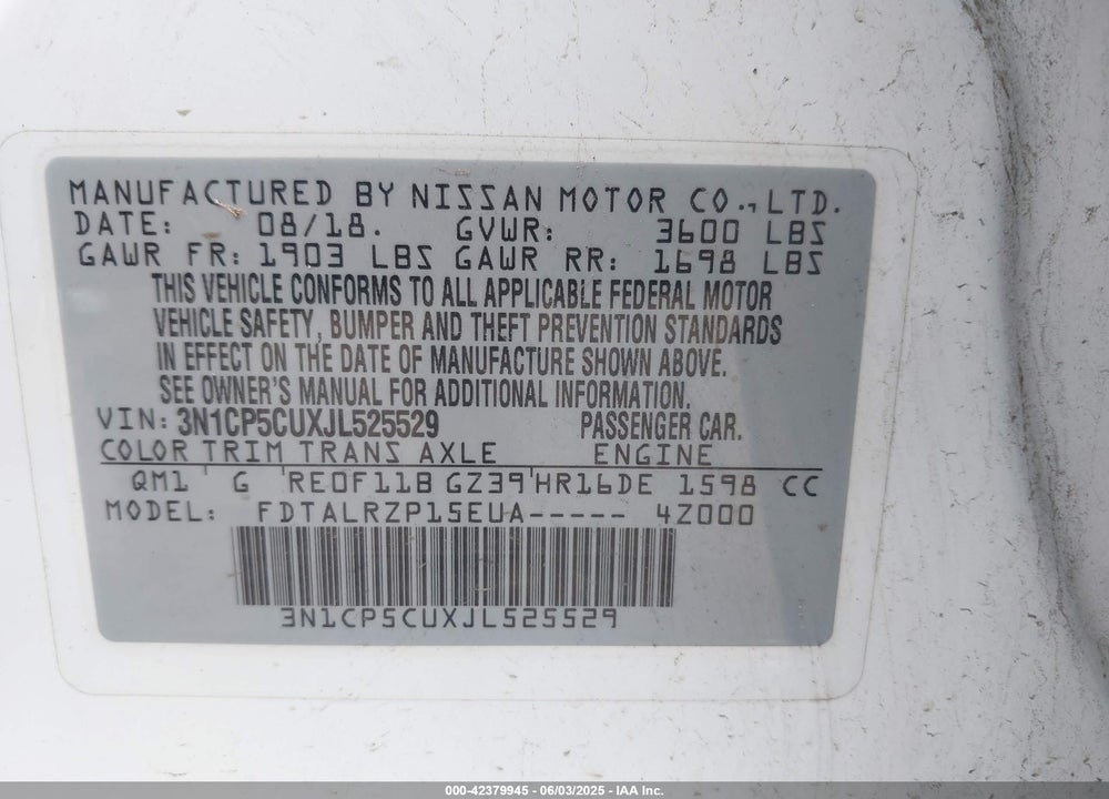 2018 NISSAN KICKS VIN: 3N1CP5CUXJL525529