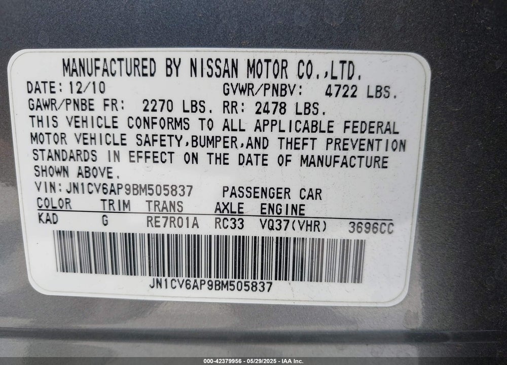 2011 INFINITI G37 JOURNEY VIN: JN1CV6AP9BM505837