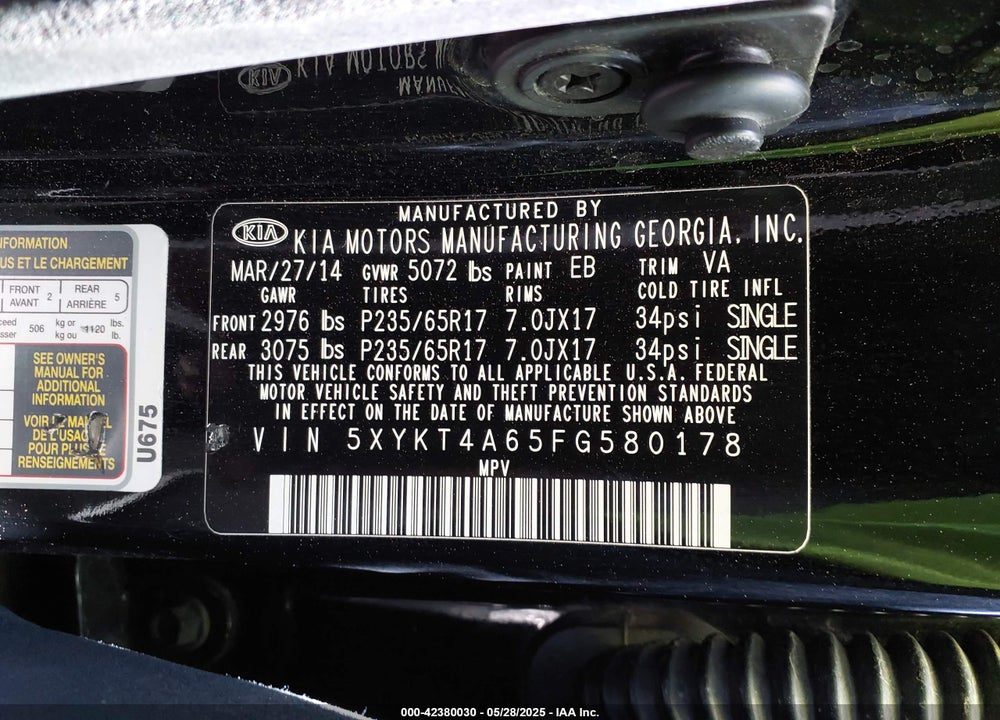 2015 KIA SORENTO VIN: 5XYKT4A65FG580178