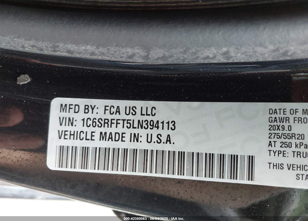 2020 RAM 1500 BIG HORN 4X4 5'7 BOX VIN: 1C6SRFFT5LN394113