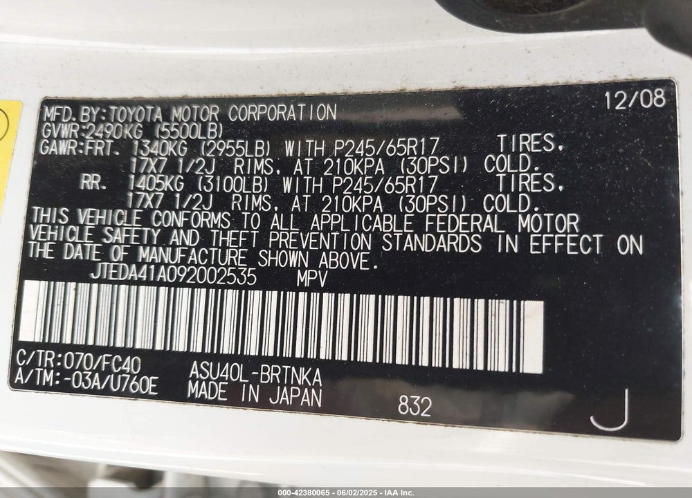2009 TOYOTA HIGHLANDER VIN: JTEDA41A092002535