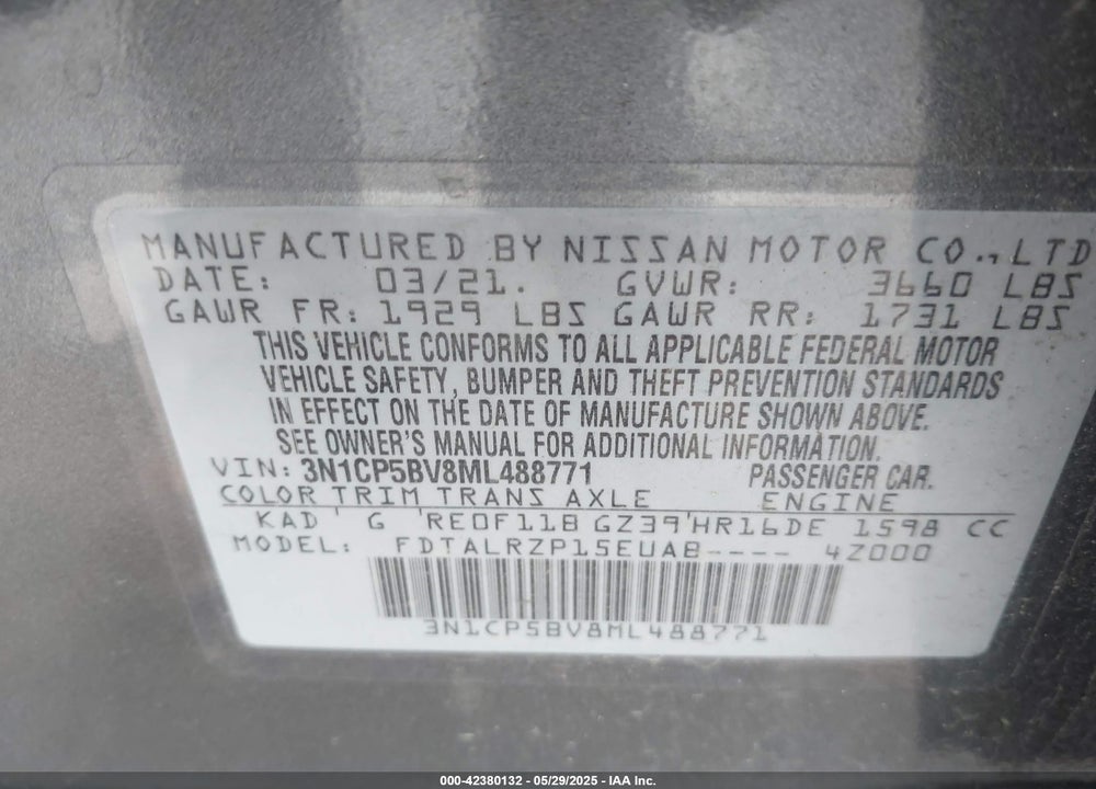 2021 NISSAN KICKS VIN: 3N1CP5BV8ML488771