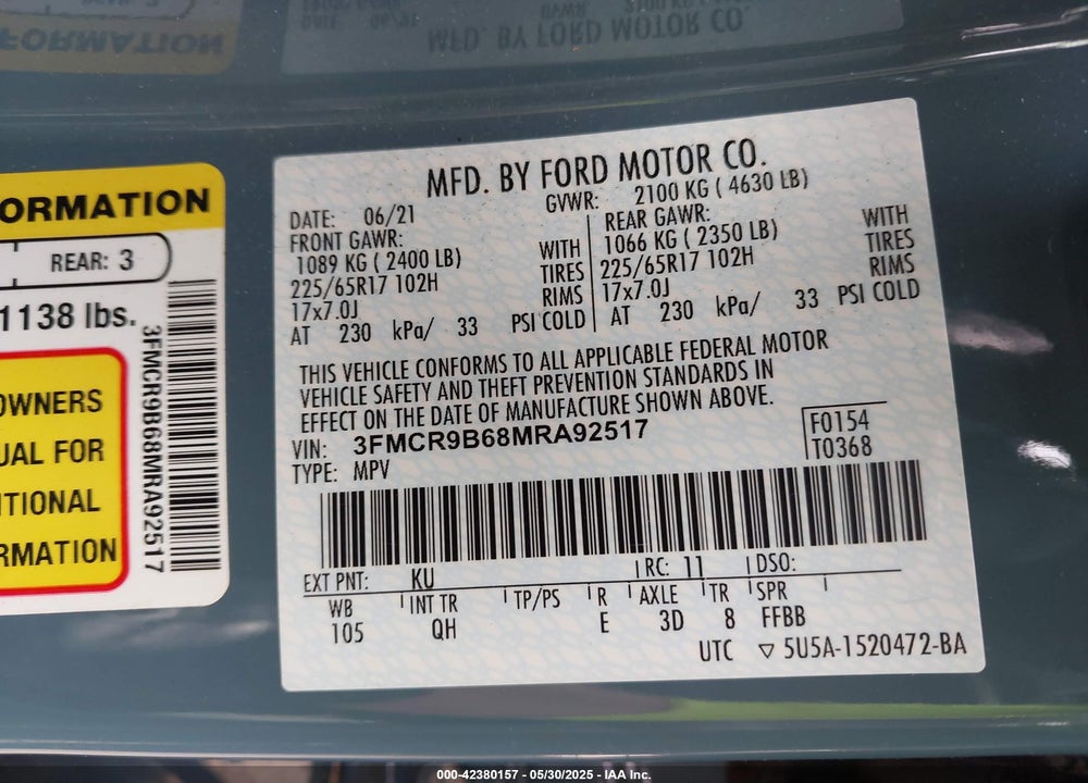 2021 FORD BRONCO SPORT BIG BEND VIN: 3FMCR9B68MRA92517
