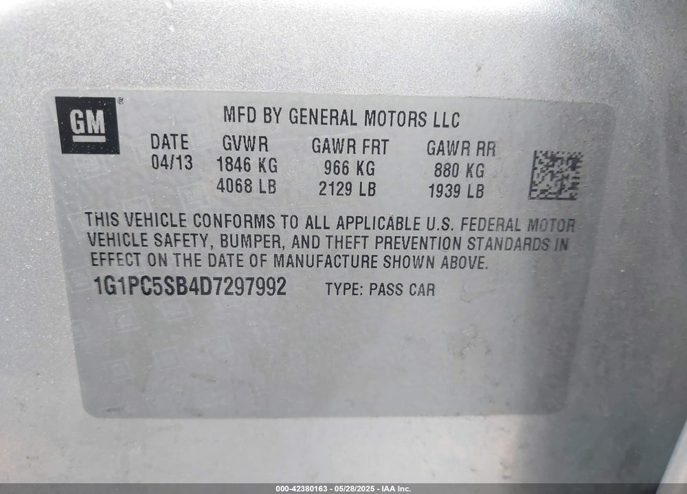 2013 CHEVROLET CRUZE 1LT AUTO VIN: 1G1PC5SB4D7297992