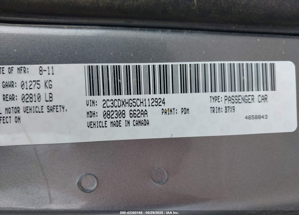 2012 DODGE CHARGER VIN: 2C3CDXHG5CH112924