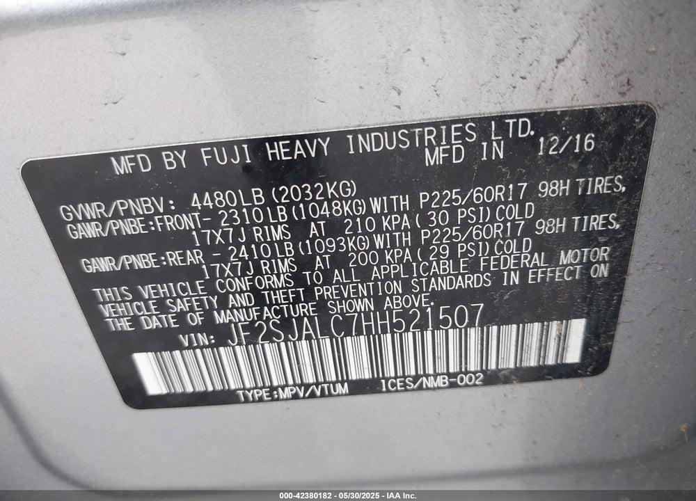 2017 SUBARU FORESTER VIN: JF2SJALC7HH521507