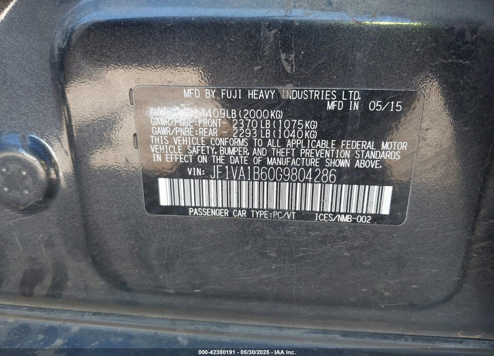 2016 SUBARU WRX VIN: JF1VA1B60G9804286