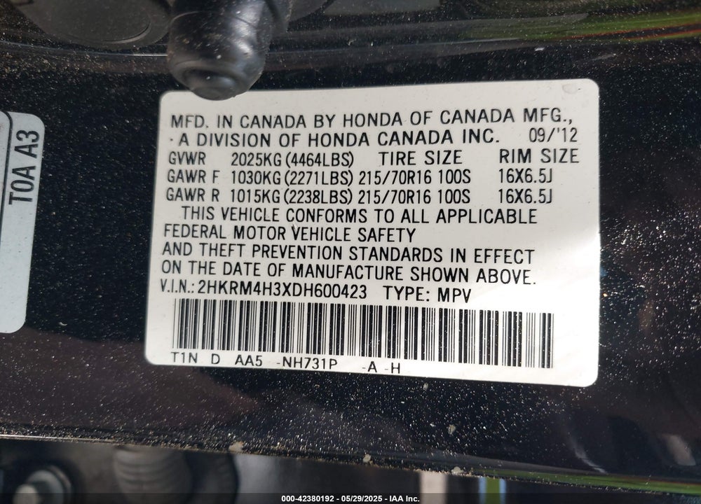 2013 HONDA CR-V LX VIN: 2HKRM4H3XDH600423